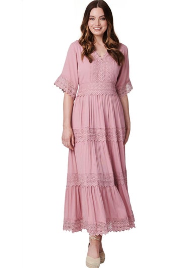 Izabel London Pink Short Sleeve Crochet Maxi Dress