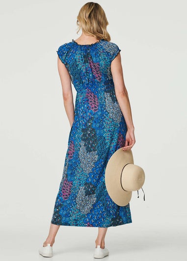 Izabel London Blue Peacock Print V-Neck Maxi Dress