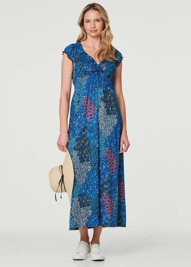 Izabel London Blue Peacock Print V-Neck Maxi Dress