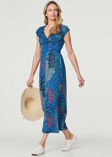 Izabel London Blue Peacock Print V-Neck Maxi Dress