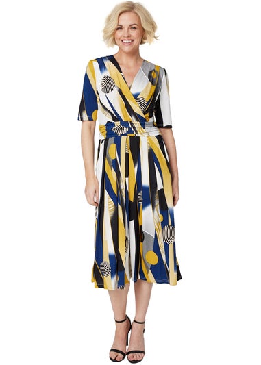 Izabel London Mustard Printed Wrap Front Midi Dress