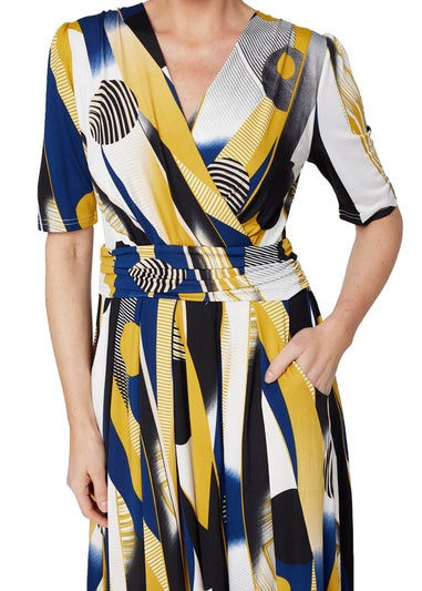 Izabel London Mustard Printed Wrap Front Midi Dress