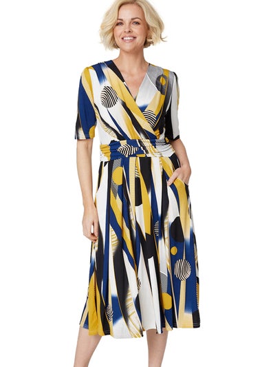 Izabel London Mustard Printed Wrap Front Midi Dress