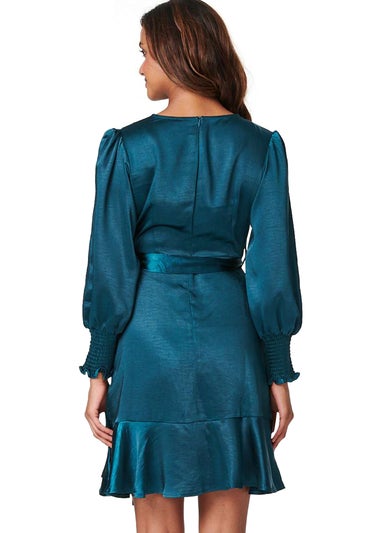 Izabel London Teal Satin Frill Detail Wrap Dress