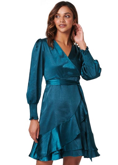 Izabel London Teal Satin Frill Detail Wrap Dress