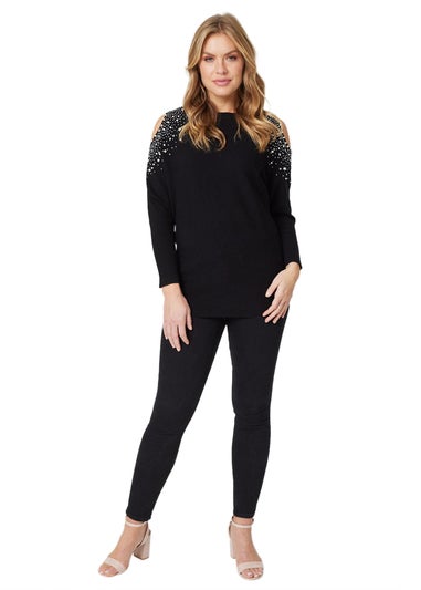 Izabel London Black Embellished Cold Shoulder Top