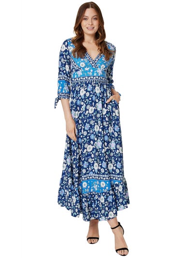 Izabel London Navy Floral Tie Sleeve Empire Dress