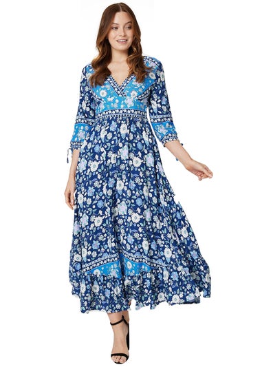 Izabel London Navy Floral Tie Sleeve Empire Dress