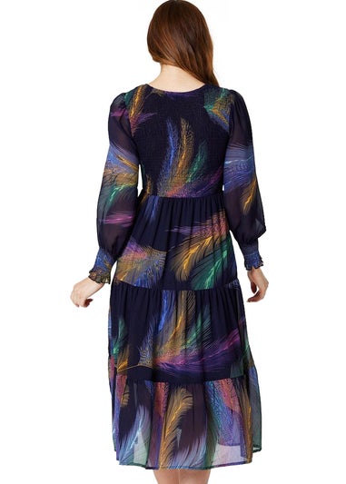 Izabel London Blue Feather Print Midi Smock Dress