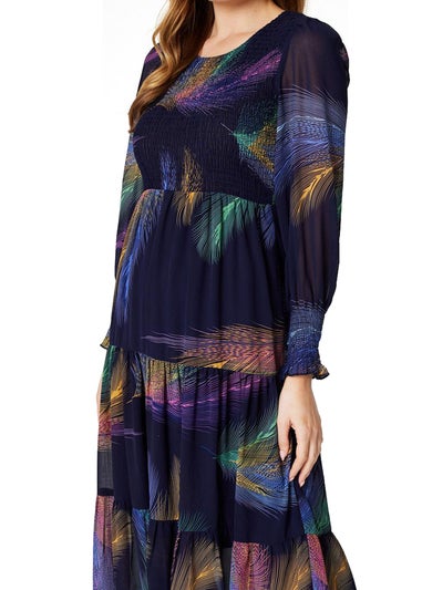 Izabel London Blue Feather Print Midi Smock Dress