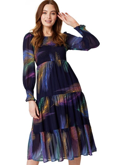 Izabel London Blue Feather Print Midi Smock Dress