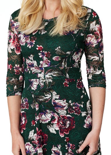 Izabel London Green Floral Lace Short Skater Dress