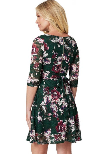 Izabel London Green Floral Lace Short Skater Dress