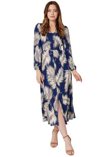 Izabel London Navy Feather Print Split Front Dress