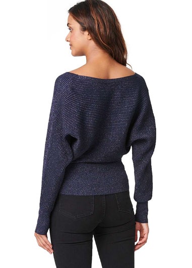Izabel London Navy Metallic Wrap Front Knit Top