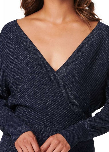 Izabel London Navy Metallic Wrap Front Knit Top