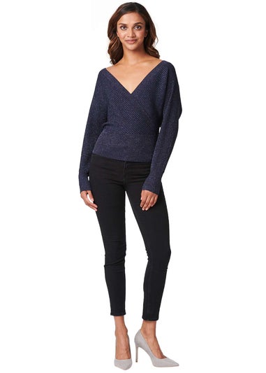 Izabel London Navy Metallic Wrap Front Knit Top