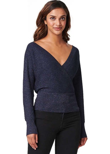 Izabel London Navy Metallic Wrap Front Knit Top