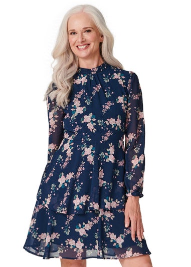 Izabel London Navy Floral High Neck Layered Dress