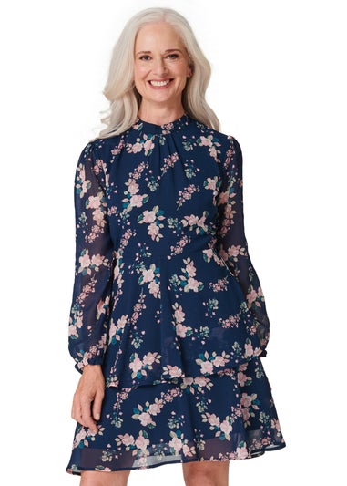 Izabel London Navy Floral High Neck Layered Dress