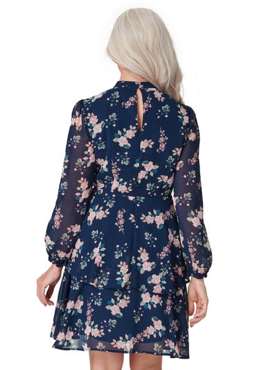 Izabel London Navy Floral High Neck Layered Dress