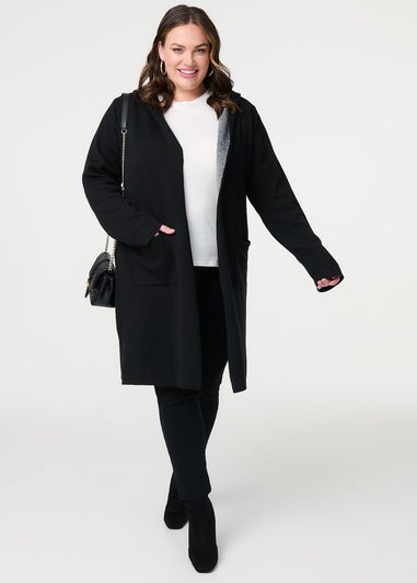 Izabel London Black Open Front Hooded Longline Cardigan