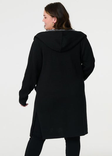 Izabel London Black Open Front Hooded Longline Cardigan