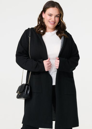 Izabel London Black Open Front Hooded Longline Cardigan