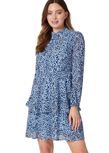 Izabel London Blue Animal Print Layered Hem Dress