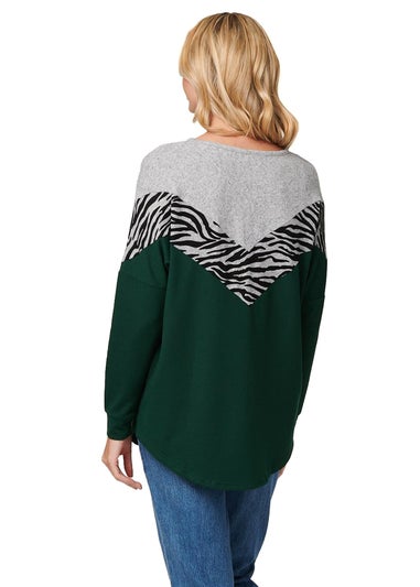 Izabel London Green Animal Print Colour Block Top