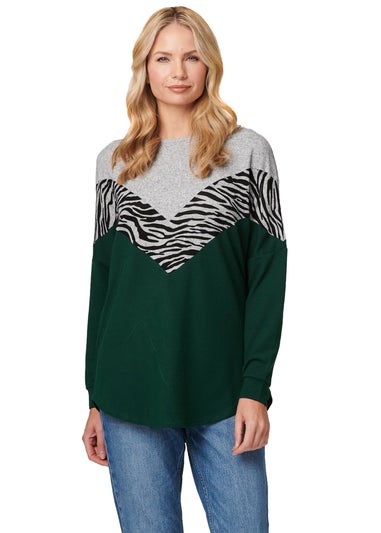 Izabel London Green Animal Print Colour Block Top