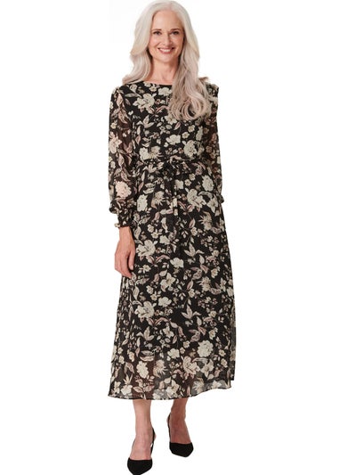 Izabel London Black Vintage Floral Midi Tea Dress