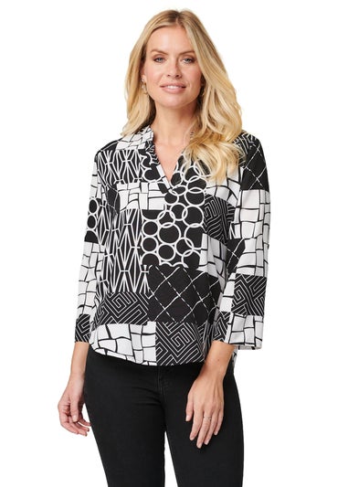 Izabel London Black Patchwork Print Collarless Blouse