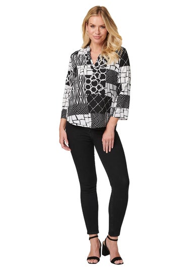 Izabel London Black Patchwork Print Collarless Blouse