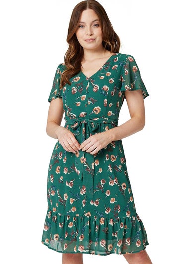 Izabel London Green Floral Angel Sleeve Tea Dress