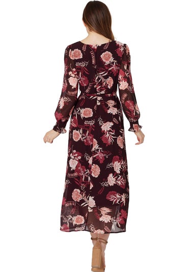 Izabel London Burgundy Floral Long Sleeve A-Line Dress