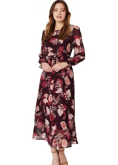 Izabel London Burgundy Floral Long Sleeve A-Line Dress