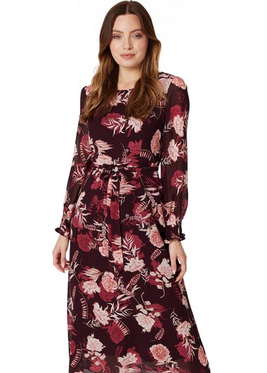 Izabel London Burgundy Floral Long Sleeve A-Line Dress