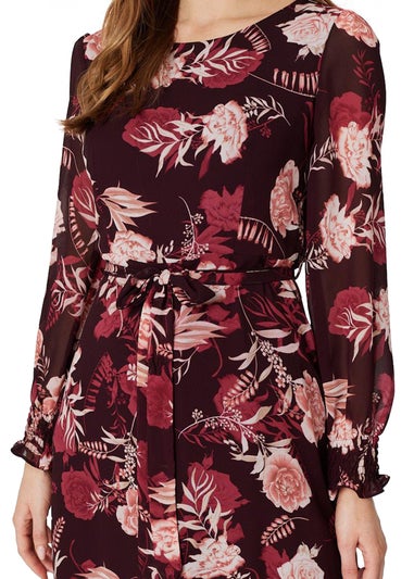 Izabel London Burgundy Floral Long Sleeve A-Line Dress