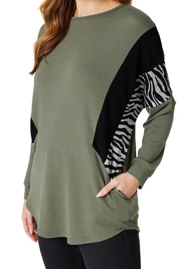 Izabel London Khaki Colour Block Pocket Detail Top