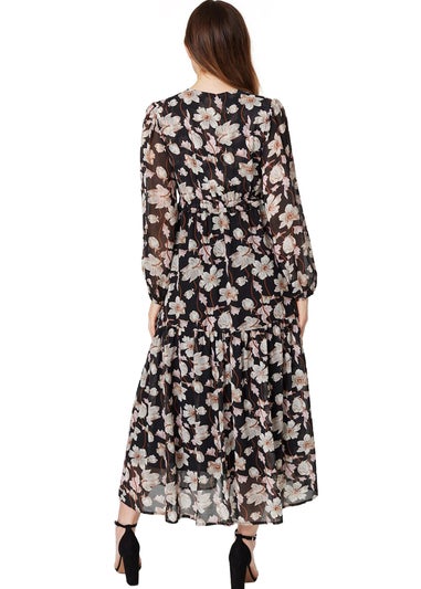 Izabel London Black Floral Drawstring Waist Midi Dress