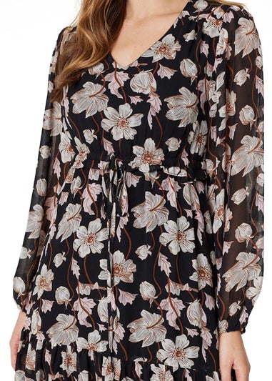 Izabel London Black Floral Drawstring Waist Midi Dress
