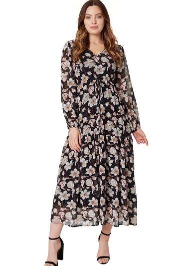Izabel London Black Floral Drawstring Waist Midi Dress