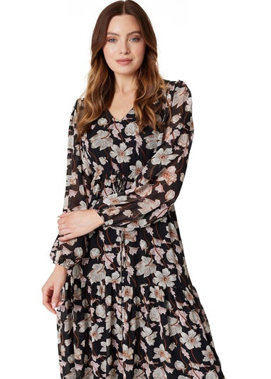 Izabel London Black Floral Drawstring Waist Midi Dress