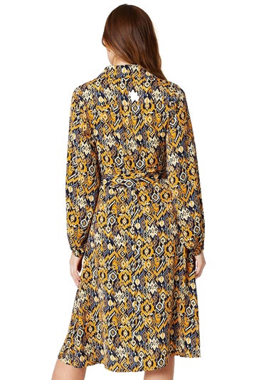 Izabel London Mustard Ikat Print Midi Shirt Dress