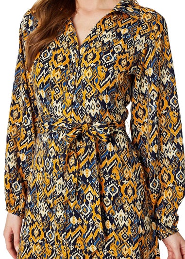 Izabel London Mustard Ikat Print Midi Shirt Dress