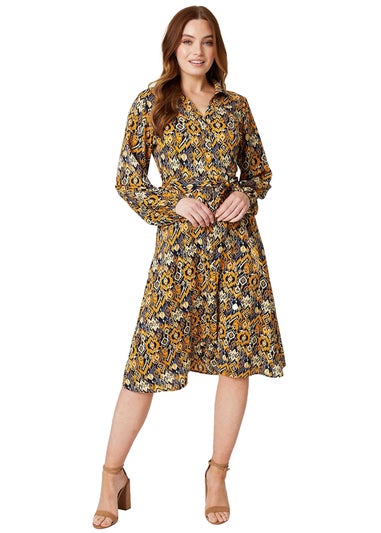 Izabel London Mustard Ikat Print Midi Shirt Dress