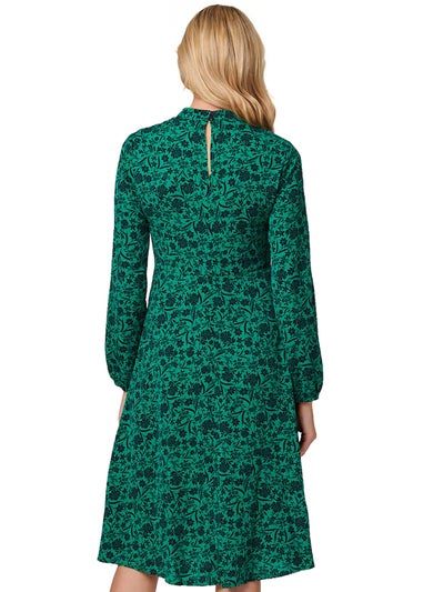 Izabel London Green Floral High Neck Midi Skater Dress