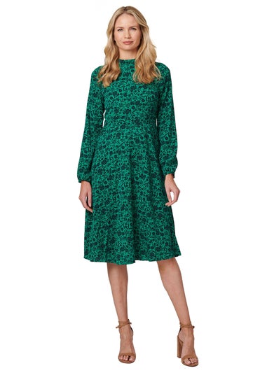 Izabel London Green Floral High Neck Midi Skater Dress