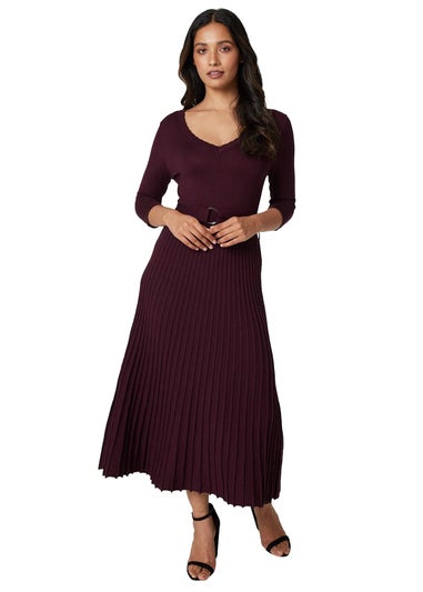 Izabel London Burgundy Pleated Midi Knit Dress